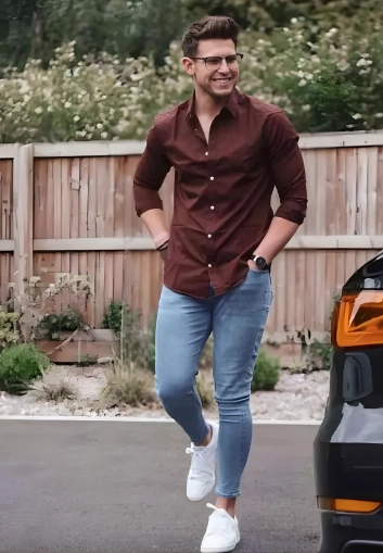 Man wearing brown shirt jeans