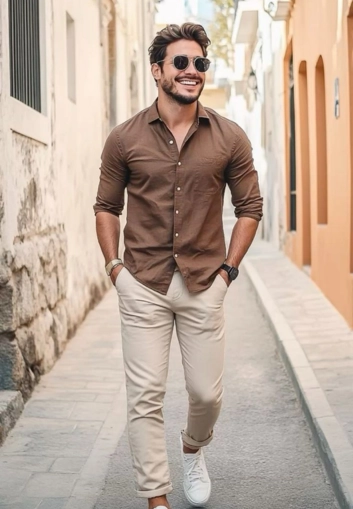 Man wearing brown cream outfit