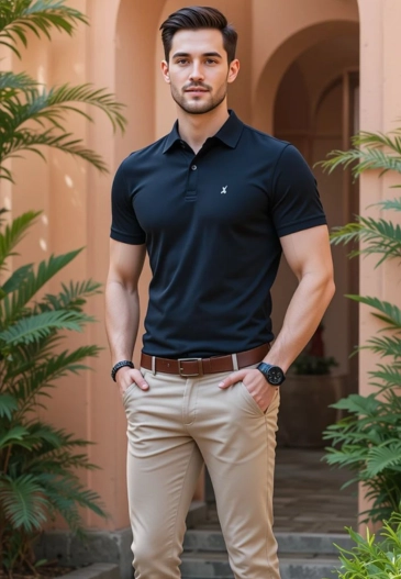 Stylish black polo shirt and beige pants for men.